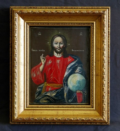 Russian Icon. Christ holding a heavenly orb.: Russian Icon. Christ holding a heavenly orb. 19x15cm Tempera on Wood Panel
