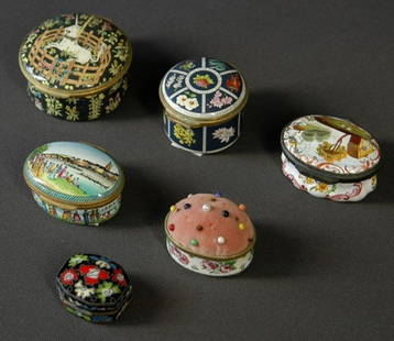 6 Small Enamelled Items. Including 4 Halcyon Days: 6 Small Enamelled Items. Including 4 Halcyon Days lidded boxes & 1 pin cushion & 2 others. (1 box sealed with some crazing).