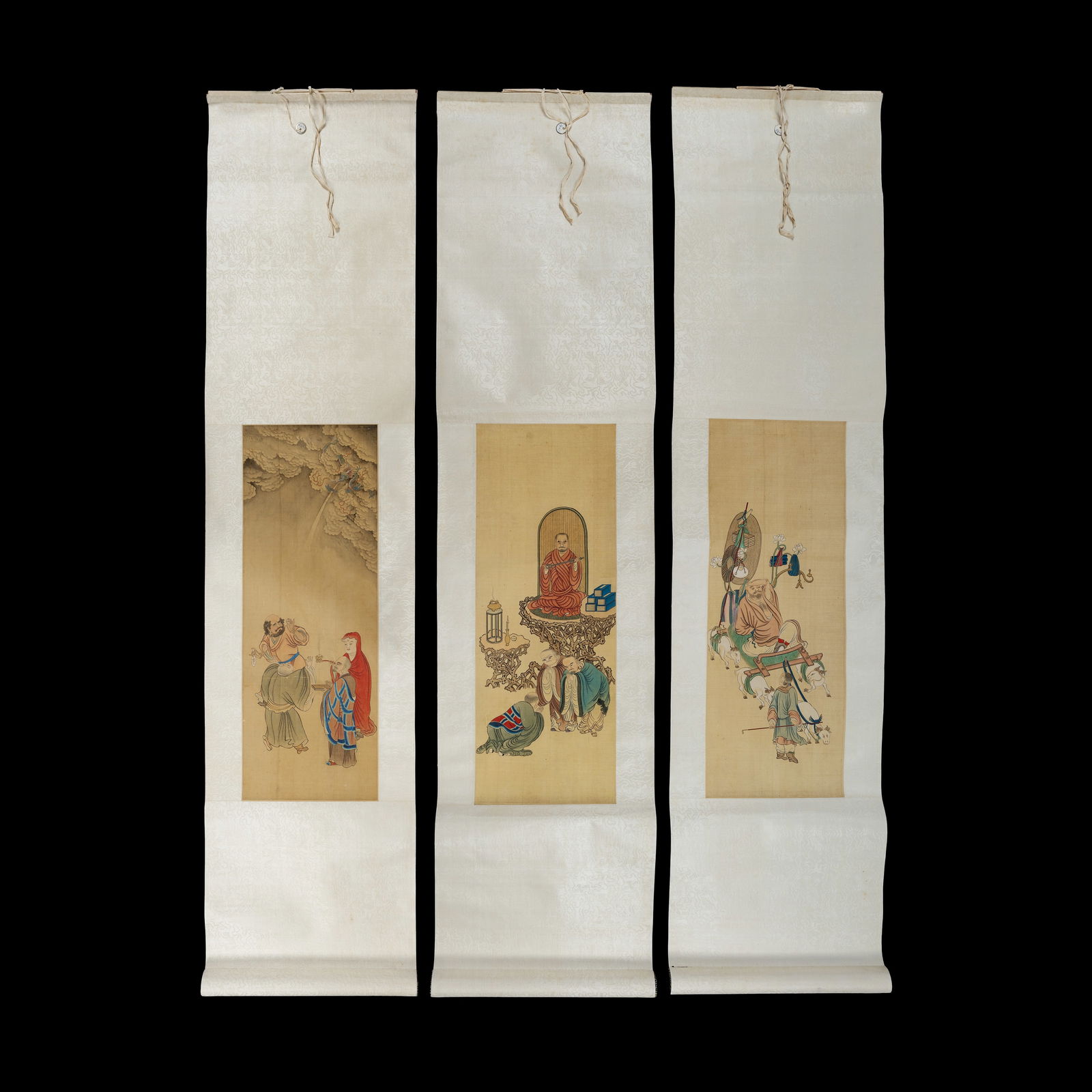 3 Chinese Scroll Mounted Silk Paintings. 59x22cm (image).  PROVENANCE: Estates Late Adolphe and Asra (1 of 1)