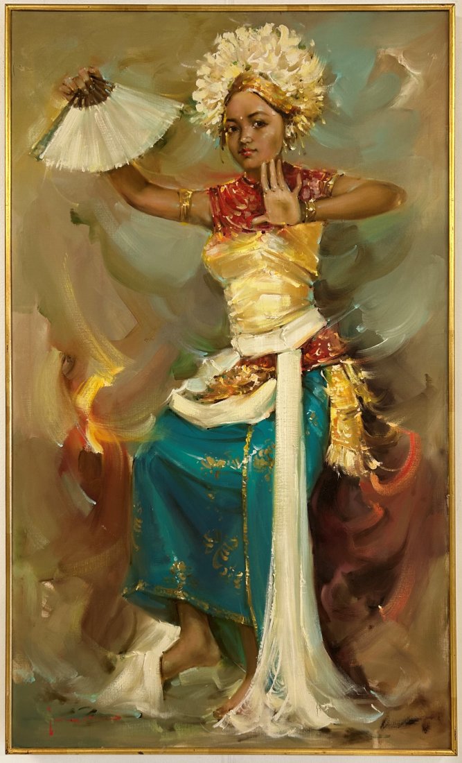 Indonesian School , 'Indonesian Dancer', Oil on Canvas, 133.5x79.5cm: Indonesian School 'Indonesian Dancer'Signed lower left illeg.Also inscribed verso with title and 'Indonesian School of Art'. Stamp for Tejamaya Fine Arts Associates.Oil on Canvas133.5x79.5cm