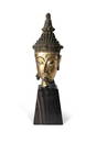 Thai Ayutthaya Period Gilt Bronze Buddha Head. Shell(?) inlaid eyes; inset green mirrored glass to