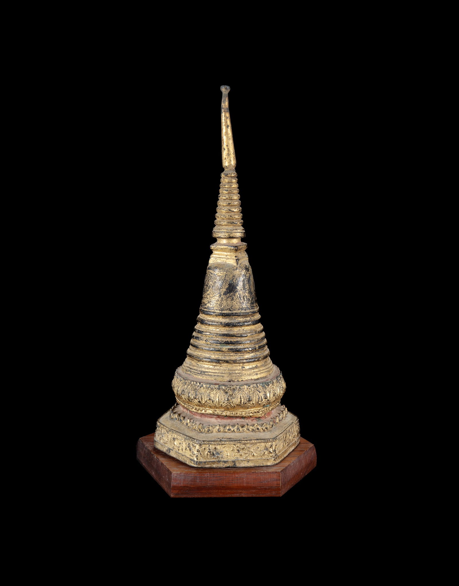 Thai Ayutthaya Period Gilt Bronze Stupa. The lacquered gilt inlaid with glass mirrored 'gems'. (1 of 6)