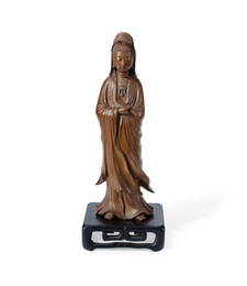 Large Boxwood Japanese Carving of Kannon, Goddess of Mercy. On a carved wooden stand. Signed to