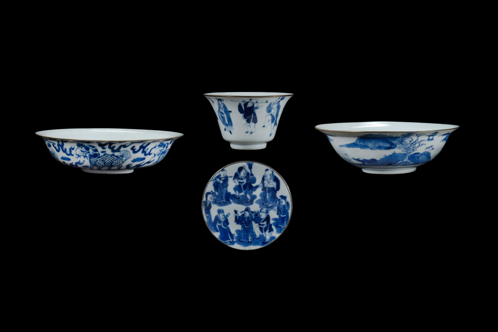 4 Chinese Blue & White Thai & Vietnamese Market Porcelains. Metal bound rims. Dia.19cm (largest): 4 Chinese Blue & White Thai & Vietnamese Market Porcelains.Metal bound rims. Dia.19cm (largest)PROVENANCE:Estates Late Adolphe and Asra Alexander, a German-Thai couple involved with architecture, inte