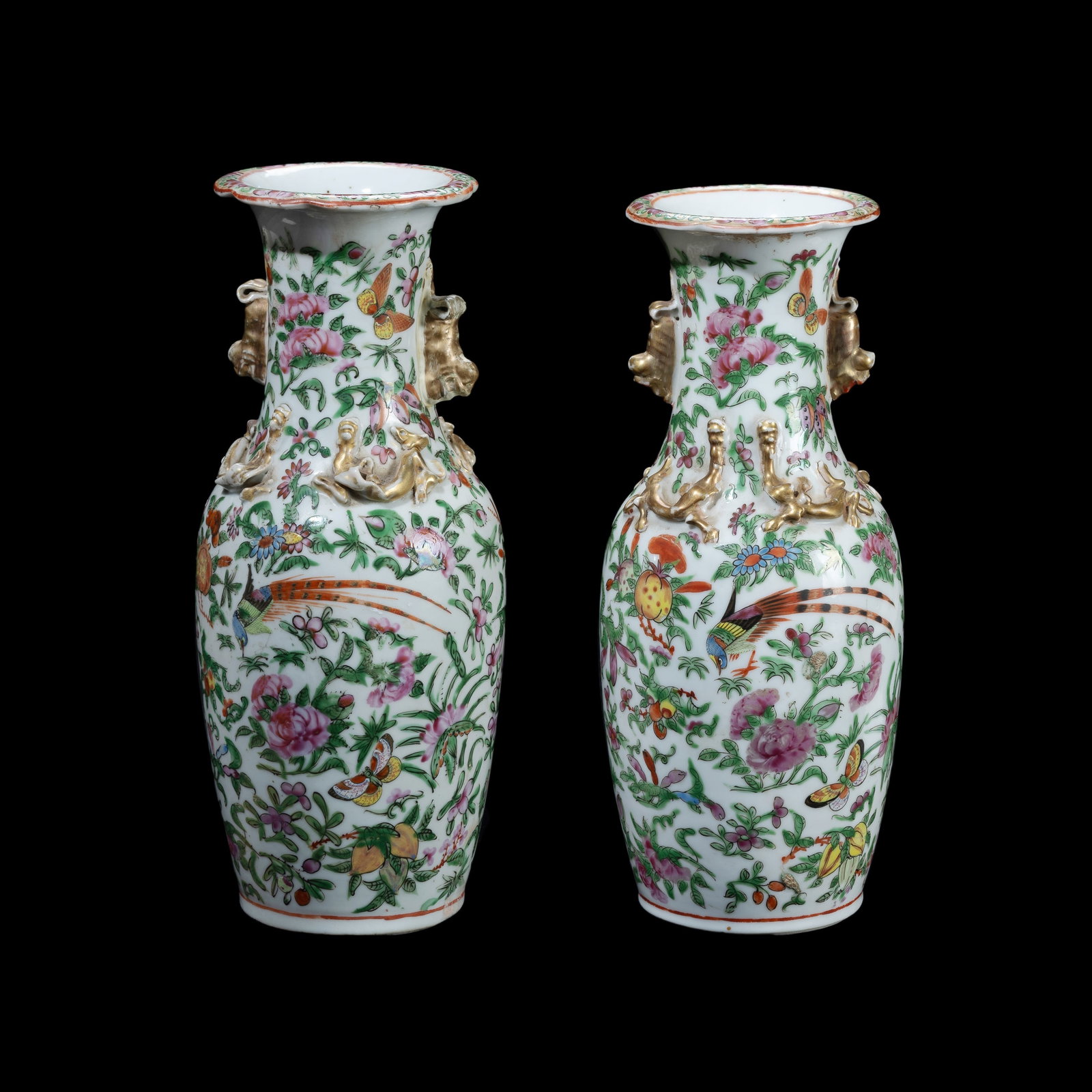 Pr Good 19th C Chinese Canton Vases. Balustre form with famille rose decoration of flowers, birds (1 of 3)