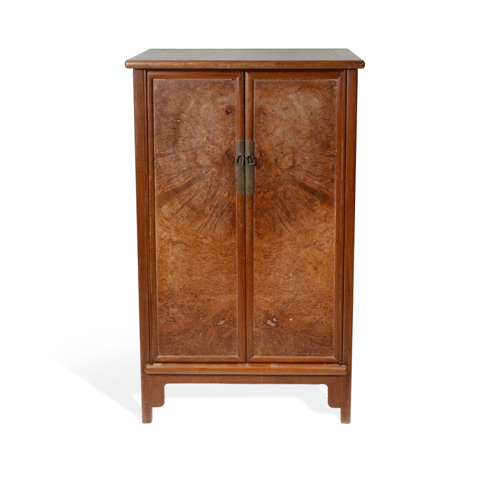 Chinese Ming-style Burlwood Inset Rosewood Tapered Cabinet (Yuanjiaogui), Mid 20th C. (W75cm D40cm: Chinese Ming-style Burlwood Inset Rosewood Tapered Cabinet (Yuanjiaogui), Mid 20th C.(W75cm D40cm H129cm)PROVENANCE:Estates Late Adolphe and Asra Alexander, a German-Thai couple involved with architec