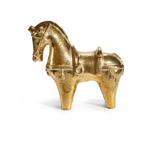 Bitossi Ceramic Golden Horse. Designed by Aldo LONDI as part of the 'Rumini Blue' series, 1960s. 22K: Bitossi Ceramic Golden Horse.Designed by Aldo LONDI as part of the 'Rumini Blue' series, 1960s.22K gold glaze. (H39cm)