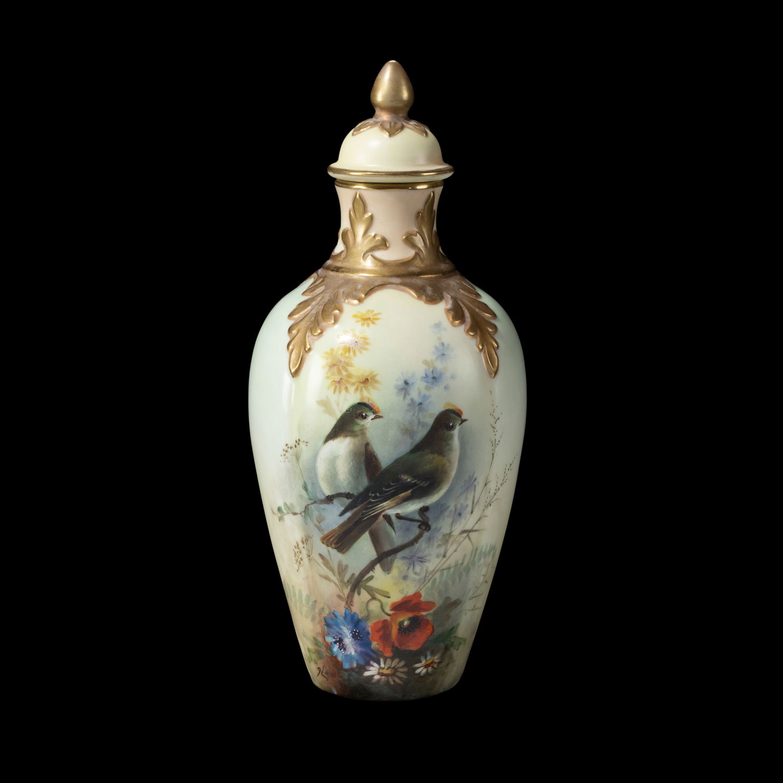 Locke & Co. Worcester Covered Bottle Vase. With hand-painted birds. Signed 'J. Lewis'. (H20cm) (1 of 3)