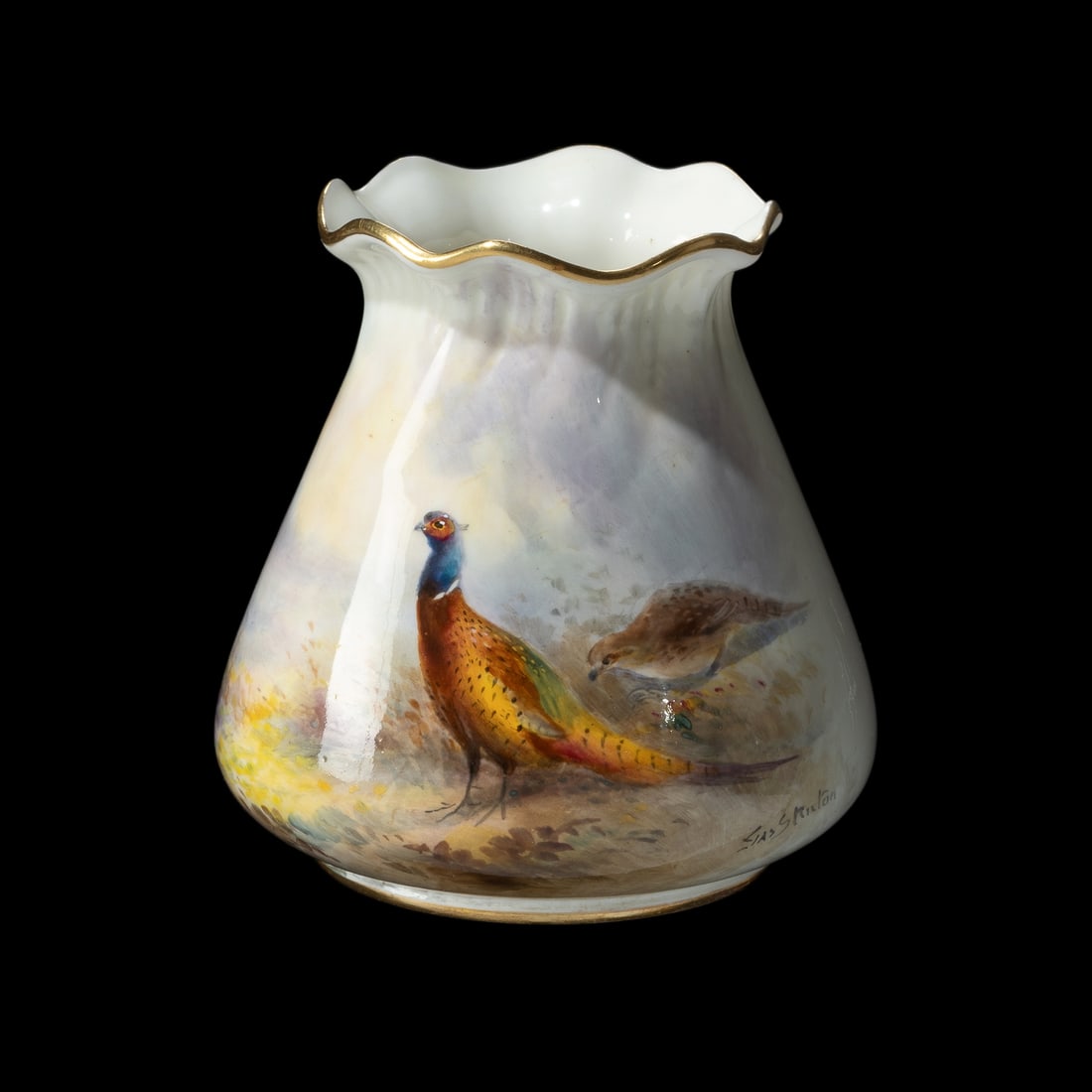 Royal Worcester James Stinton Vase. Painted with pheasants and signed 'Jas Stinton'. (H8.5cm) (1 of 3)