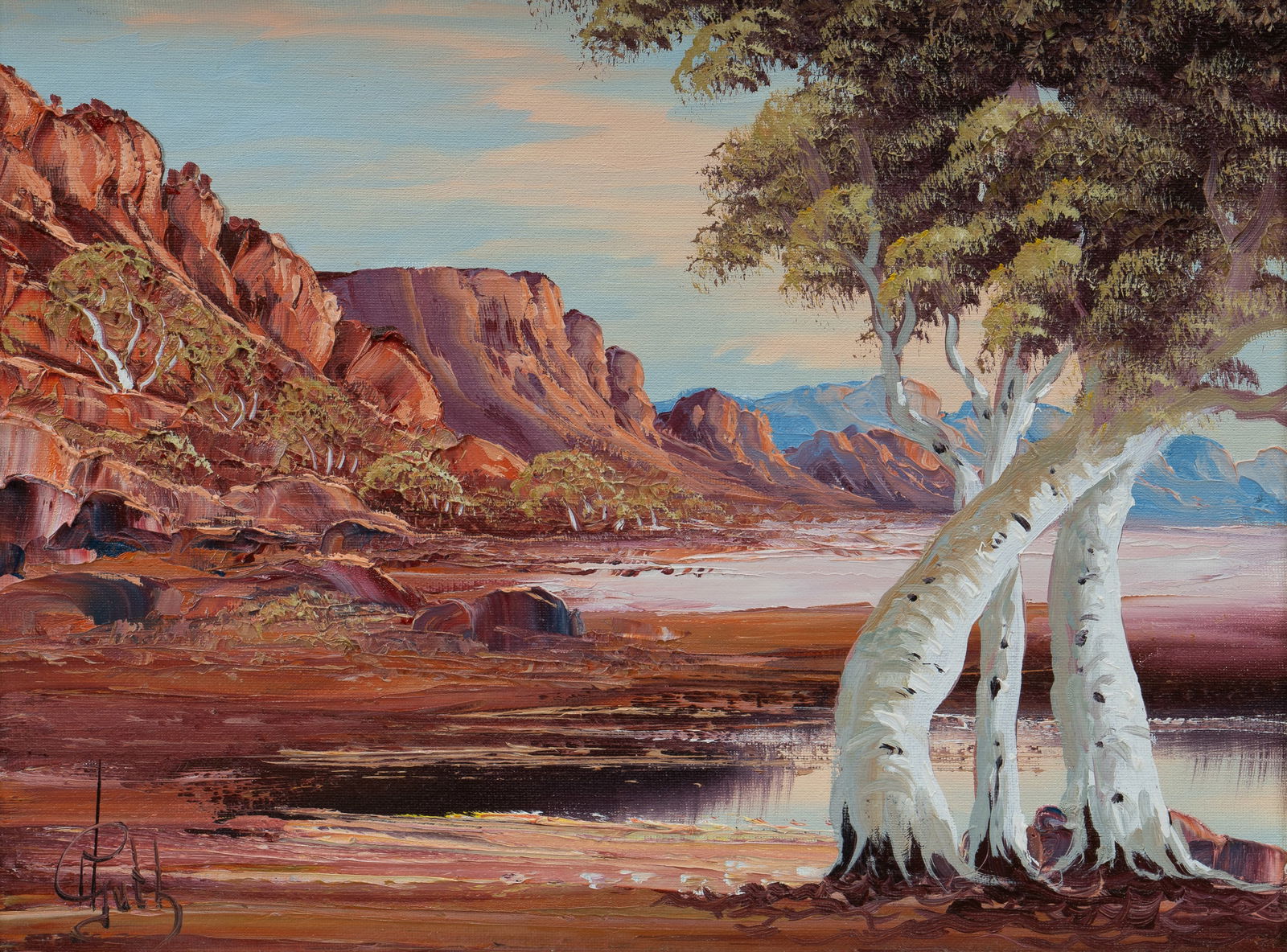 GUTH Henk (1921- 2003), 'Ghost Gums in the Ranges', Oil on Canvas Board, 29.5x39.5cm: GUTH, Henk (1921- 2003)'Ghost Gums in the Ranges'Oil on Canvas Board29.5x39.5cm