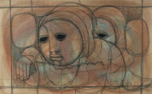 South African School (2), Ben MACALA (1937-1997), Figures, charcoal & pastel (62.5x100cm); and: South African School, (2)Ben MACALA (1937-1997), Figures, charcoal & pastel (62.5x100cm); and Hargreaves NTUKWANA (1938-1999), Untitled, charcoal & mixed media (64x49cm)