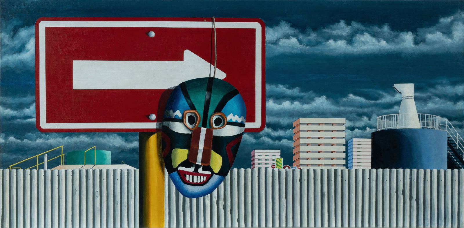 American School , Mask and Sign, Oil on Belgian Linen, 49x100cm (1 of 3)
