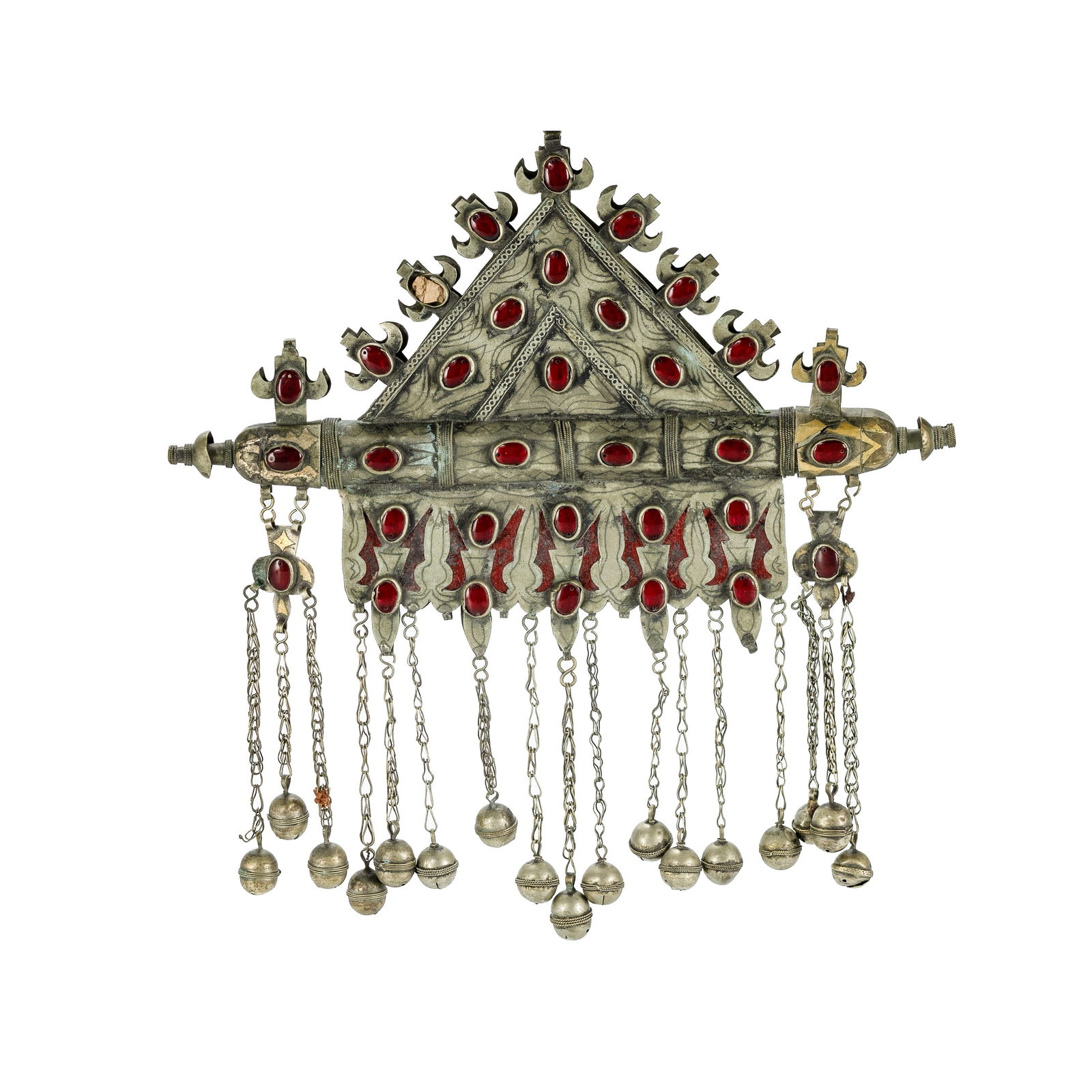 Large Turkoman 'Tumar' Amulet. Set with red glass. Fifteen bells suspended beneath. (W33cm) (1 of 2)