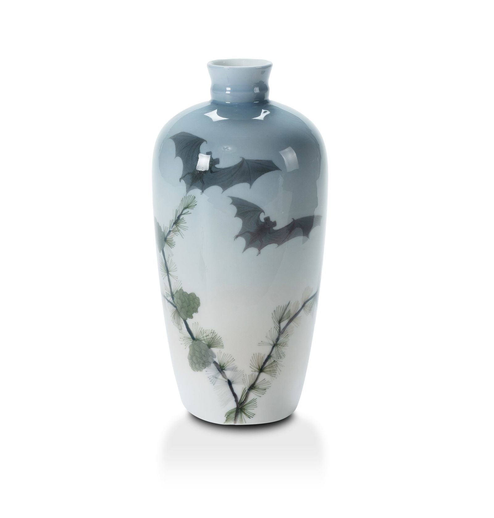 Early Royal Copenhagen Art Nouveau Porcelain Vase. Decorated with bats and pine trees. (H25.5cm) (1 of 2)