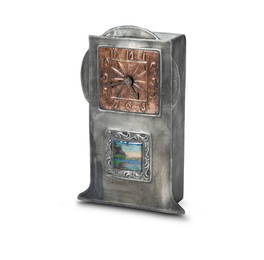 Liberty & Co. 'Tudric' Pewter Table Clock. Model no. 0383 with copper face inset with enamel plaque