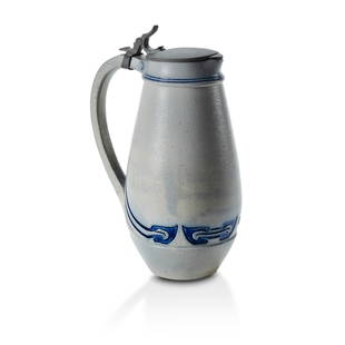 German Jugendstil Stoneware Jug with Pewter Lid. designed by Henry van de Velde, Reinhold Hanke: German Jugendstil Stoneware Jug with Pewter Lid.designed by Henry van de Velde, Reinhold Hanke model no. 1428, circa 1904. (H29cm)