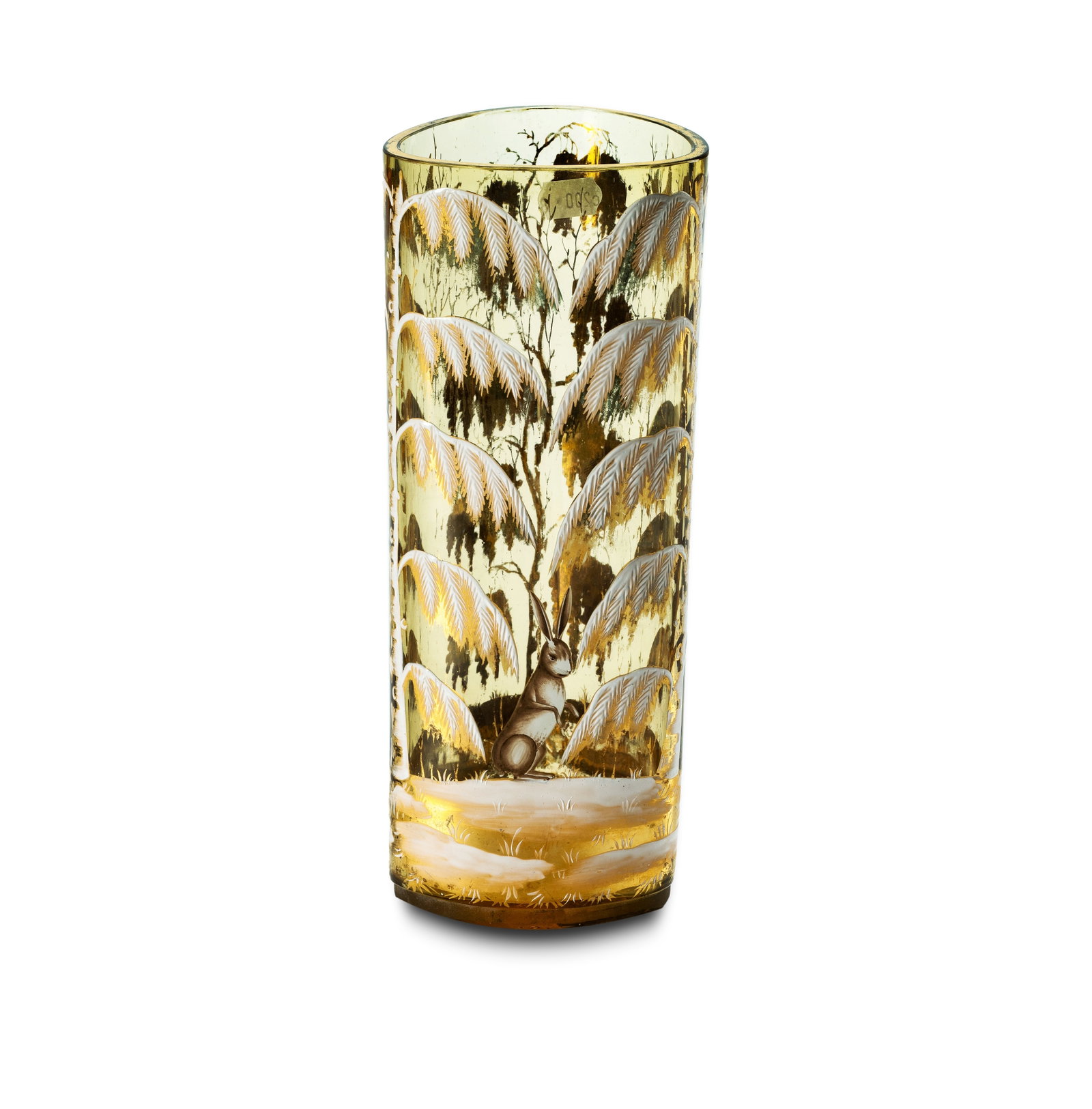 Enamelled Moser 3 Sided Vase. Amber glass with gilt and enamel trees, birds and hare. (H23.5cm): Enamelled Moser 3 Sided Vase.Amber glass with gilt and enamel trees, birds and hare.(H23.5cm)
