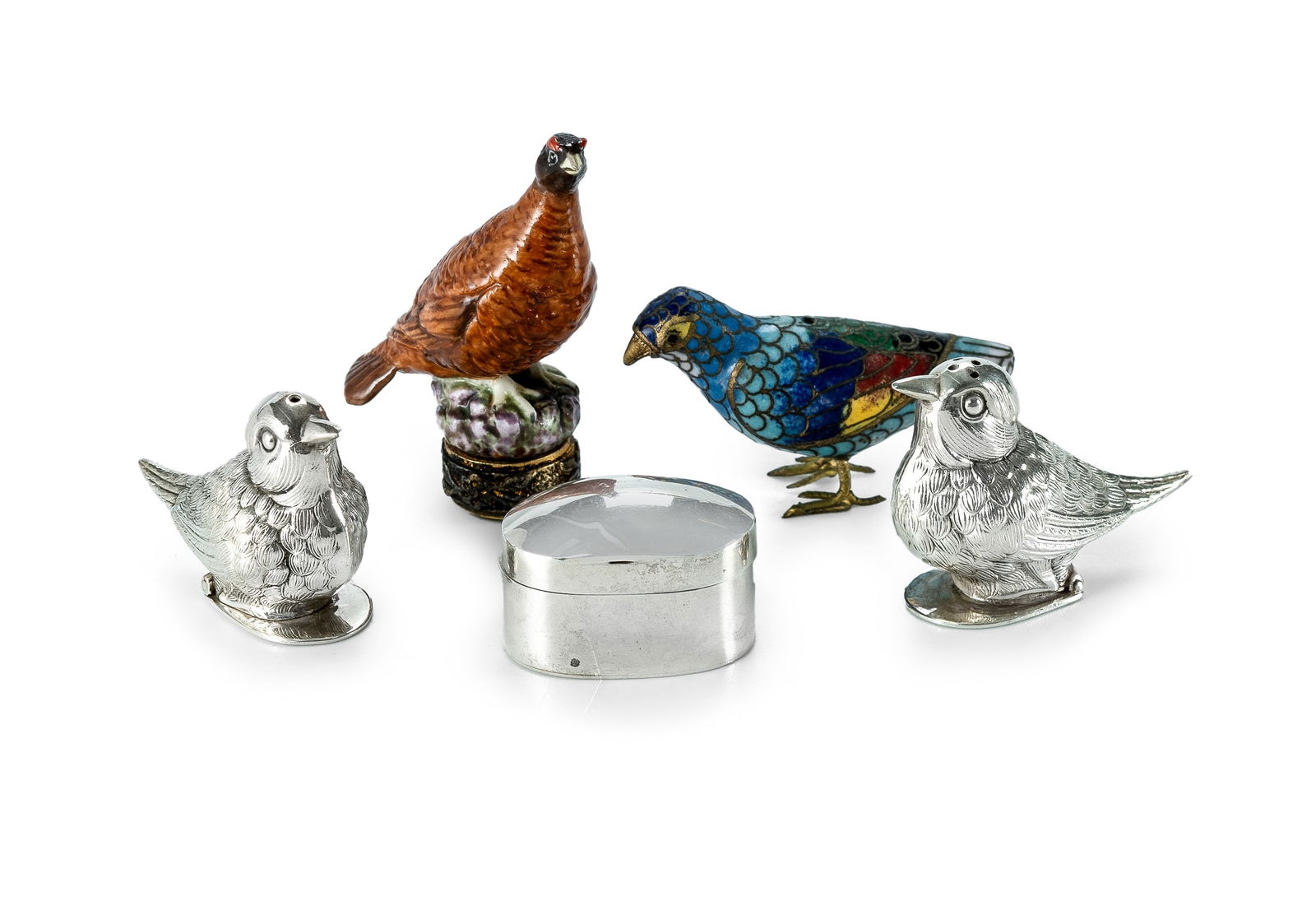 4 Various Bird Ornaments. Includes a Halcyon Days 'Grouse' wax seal; pair of white hill silver bird: 4 Various Bird Ornaments.Includes a Halcyon Days 'Grouse' wax seal; pair of white hill silver bird form salt & peppers; cloisonne parrot; and a silver pill box.