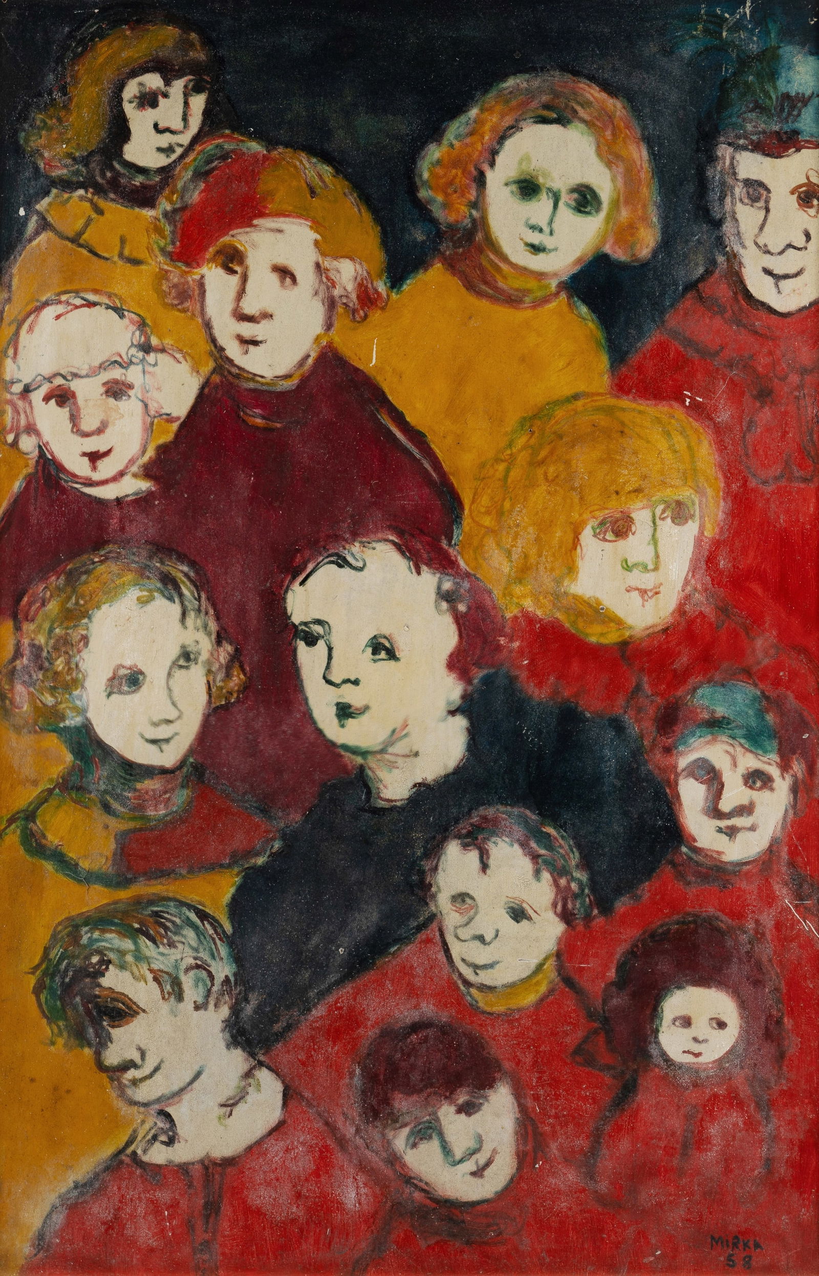 MORA Mirka (1928-2018), Faces, 1958., Oil on Board, 90x59cm: MORA, Mirka (1928-2018) Faces, 1958. Oil on Board 90x59cm PROVENANCE: Leonard Joel, Melbourne, 21st August 1996 (lot 471); Leonard Joel, Melbourne, 18th November 1997 (lot 801); Deutscher-Menzies, Mel