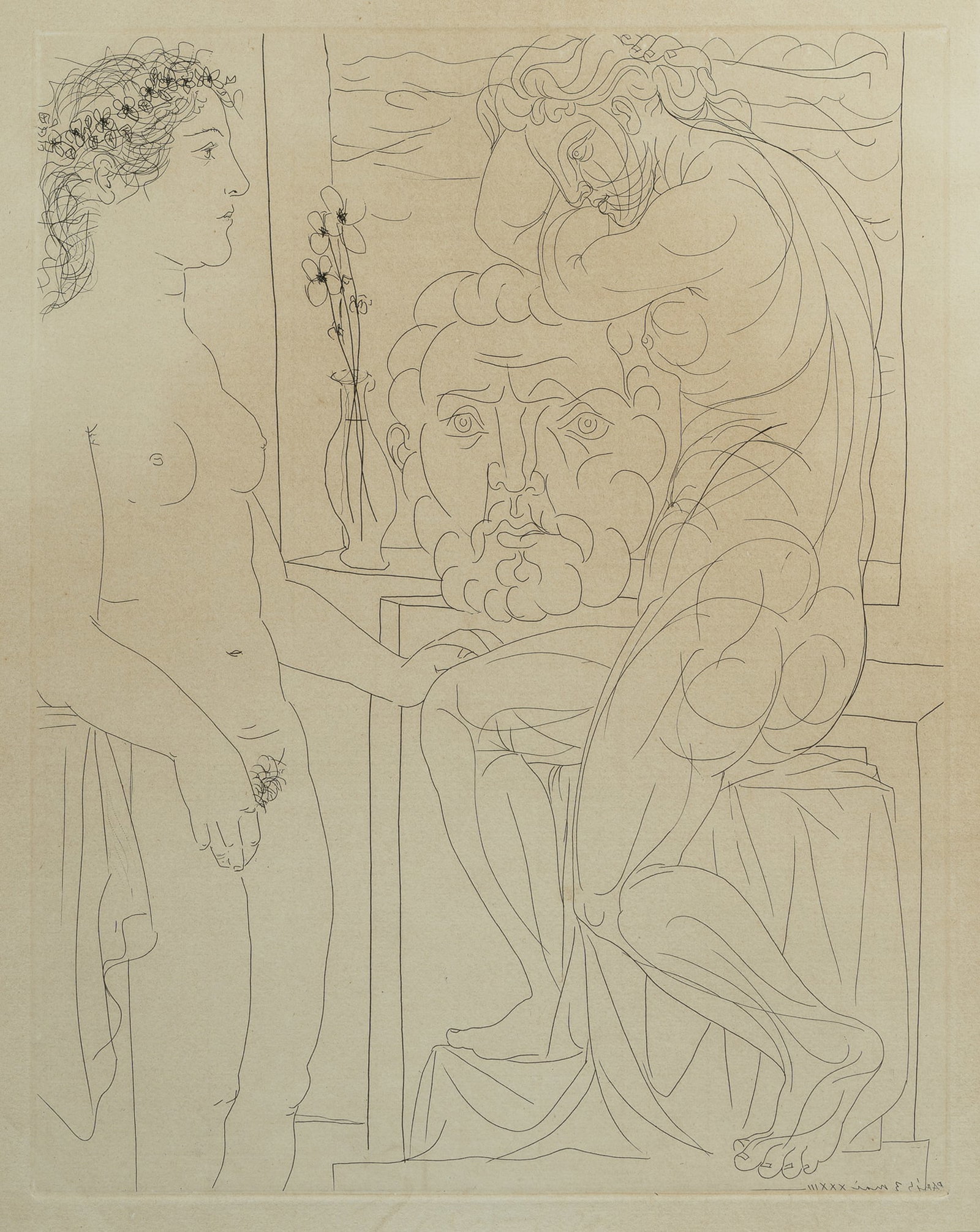 PICASSO Pablo (Spanish 1881-1973), 'Modele nu et Sculptures, La Suite Vollard (Nude Model and: PICASSO, Pablo (Spanish 1881-1973) 'Modele nu et Sculptures, La Suite Vollard (Nude Model and Sculptures, from the Vollard Suite)' 1933. Unsigned. Picasso watermark to sheet lower centre. Ref: Bloch 1