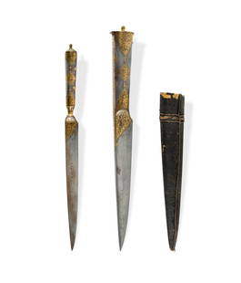 19th C Double Kard: 19th C Double Kard Damascus steel with gold koftgari inlay. The larger knife of hollow construction, with hinged pommel cap opening to house the smaller knife. Matching gold floral koftgari and