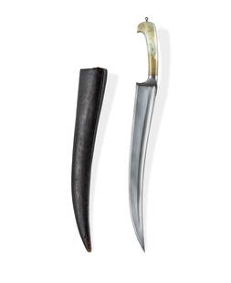 19th C Central Asian Pesh-Kabz: 19th C Central Asian Pesh-Kabz Strongly curved and fullered blade. Jade grips held by 5 fine pins. Original leather covered scabbard. (L41cm) PROVENANCE: From the collection of the late Warren