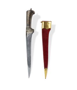 19th C Rajasthani Pesh Kabz: 19th C Rajasthani Pesh Kabz All steel construction. Heavy 'T' section blade with armour piercing tip. Floral gold and silver koftgari over hilt. Gold inlaid 'sirohi' for the city of same name, famous
