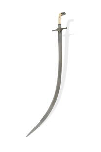 16th/17th C Persian Shamshir Sword: 16th/17th C Persian Shamshir Sword Heavy wedge section blade with a strong contrasting wootz pattern showing all over. Five inlaid cartouches translated as 'Allah Make Me Good', 'Allah Make Me
