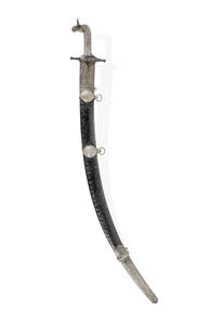 Excellent 18th C Persian Shamshir Sword: Excellent 18th C Persian Shamshir Sword High contrast wootz steel blade. Original Persian mounts, wootz cross guard, and silver hilt with wire wrap reinforcement. Leather covered wooden scabbard with