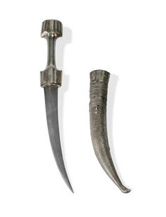 19th C Ottoman Khanjar: 19th C Ottoman Khanjar Silver mounted hilt and scabbard, each with fine engraved and repousse decoration. Two old partial lead solder repairs to hilt. Very fine quality wootz steel blade, curved with