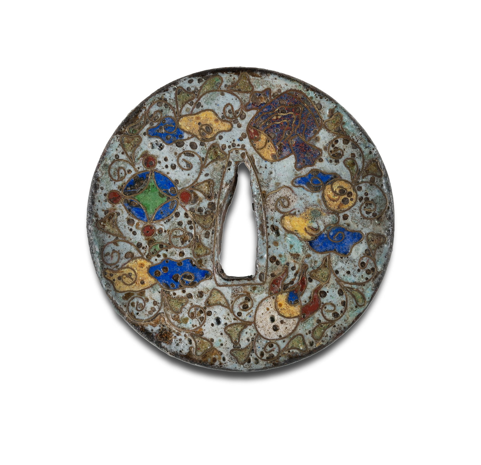 Edo Period Japanese Cloisonne Tsuba: Edo Period Japanese Cloisonne Tsuba Circular form, with decoration of auspicious objects amongst scrolling vines on a pale blue ground. (Dia.7.5cm) PROVENANCE: From the collection of the late Warren M