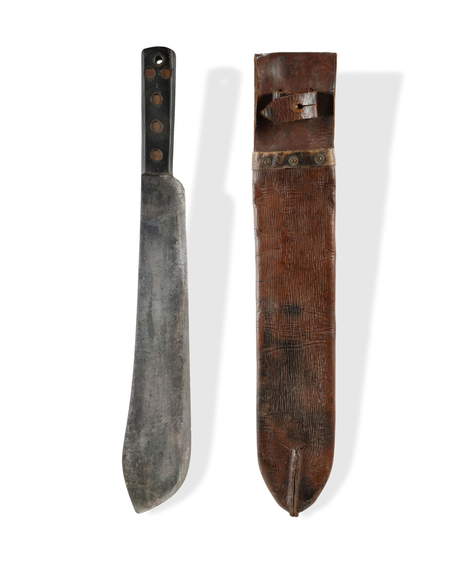 WWII British J.J.B. Machete and Scabbard: WWII British J.J.B. Machete and Scabbard The blade stamped 'J.J.B. 1945' and broad arrow. The leather scabbard stamped 'P.I. 1945'. (L50.5cm) PROVENANCE: From the collection of the late Warren Mallard