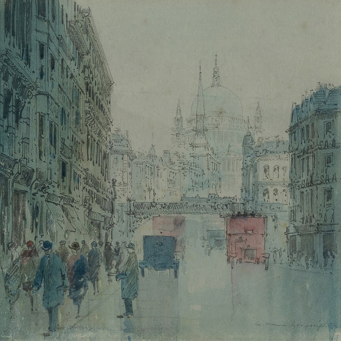 LONGSTAFF William Frederick (Will) (1879-1953), 'Ludgate Hill [London]', Ink & W/Clr, 17.5x17.5cm: LONGSTAFF, William Frederick (Will) (1879-1953) 'Ludgate Hill [London]' Ink & W/Clr 17.5x17.5cm