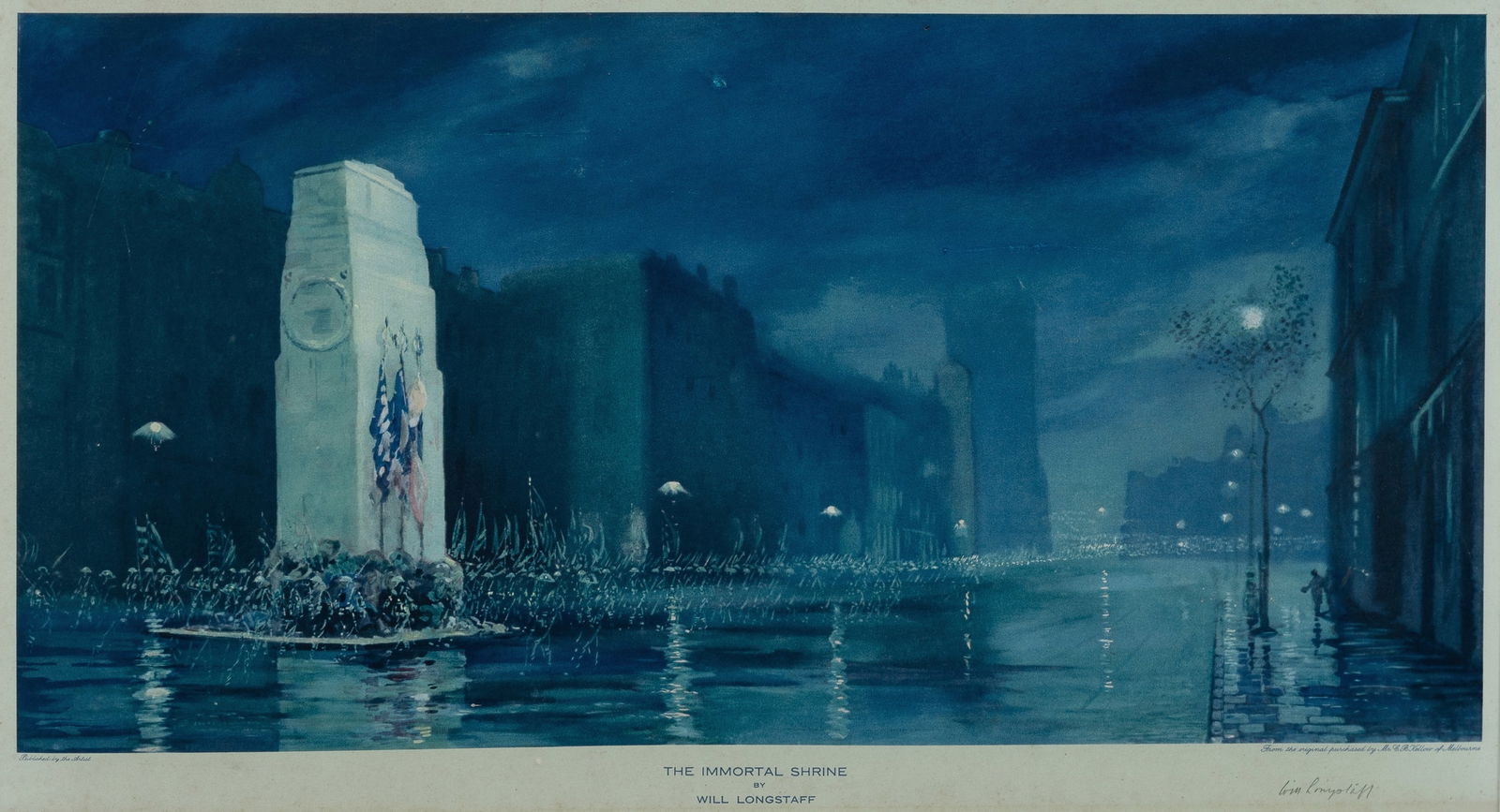 LONGSTAFF William Frederick (Will) (1879-1953), 'The Immortal Shrine', Colour Lithograph, 28x55.5cm: LONGSTAFF, William Frederick (Will) (1879-1953) 'The Immortal Shrine' Signed lower right. Colour Lithograph 28x55.5cm (image) OTHER NOTES: Frame made from wood salvaged from HMAS Sydney (stamp to lowe