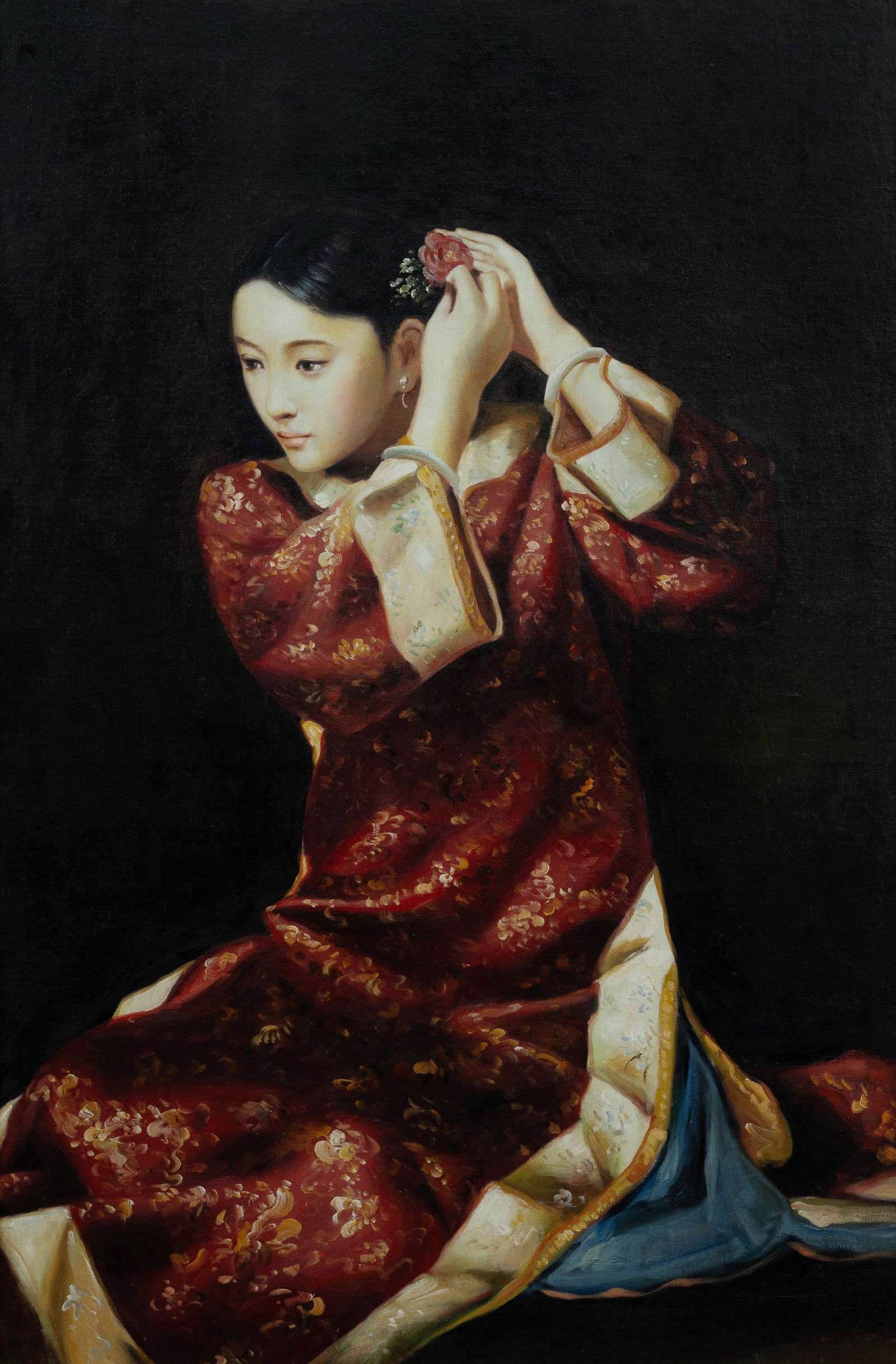 Chinese School Unsigned , Young Lady with Flower in Hair, Oil on Canvas on Board, 89x59cm: Chinese School, Unsigned Young Lady with Flower in Hair (Painted in the manner of Jiang Changyi and Jiang Guofang) Oil on Canvas on Board 89x59cm