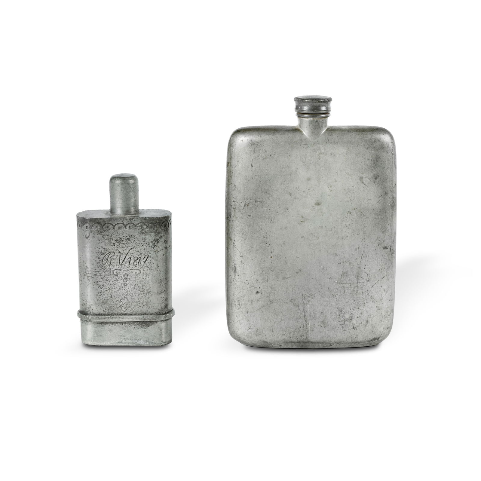 2 Various Tiwi Pewter Flasks: 2 Various Tiwi Pewter Flasks An early 20th C James Dixon 8oz hip flask; and a French flask, marked 'RV1817'.