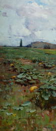 STREETON Arthur (1867-1943), 'Melon Patch,' 1896., Oil on Panel, 59.5x27cm (sight) 61x28cm (panel)