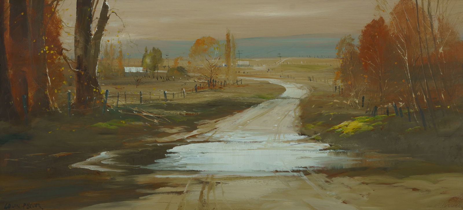 PARKER Colin (b.1941), Flooded Road, Oil on Board (?), (27x59.5cm): PARKER, Colin (b.1941) Flooded Road Oil on Board (?) (27x59.5cm)