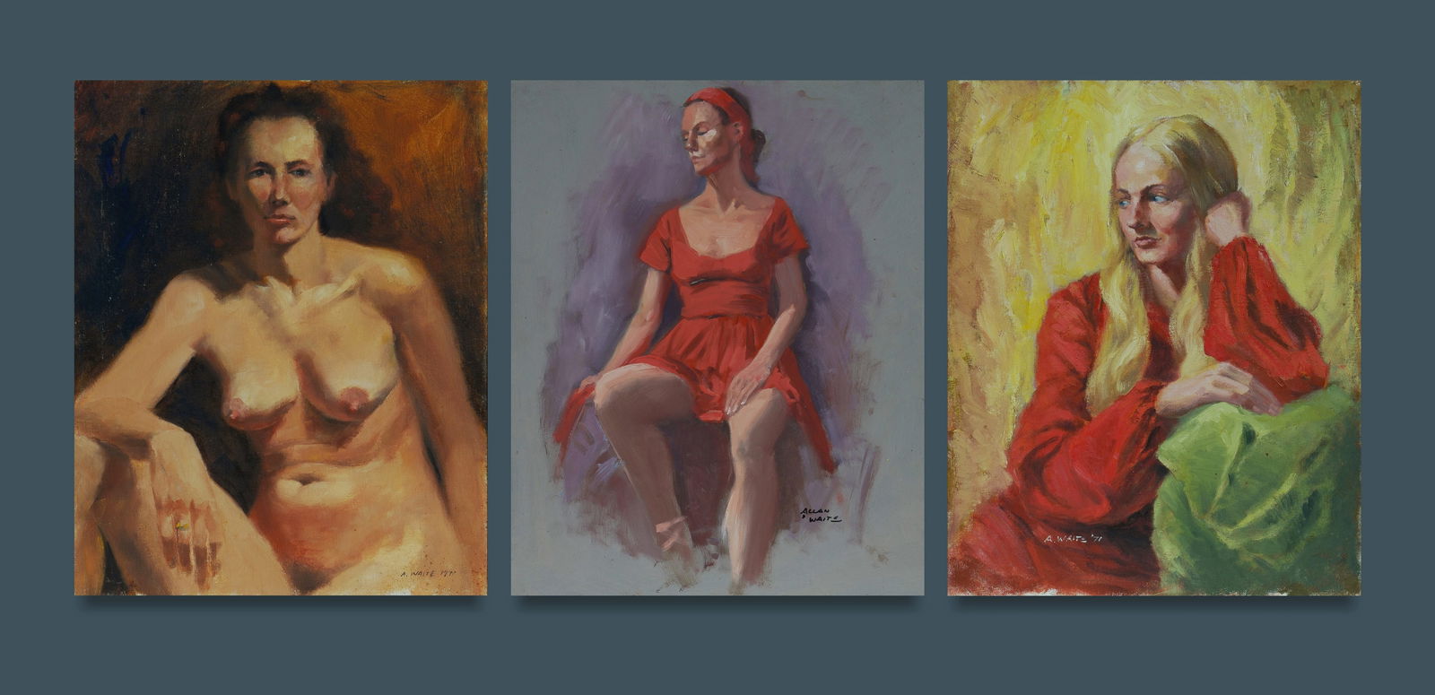 WAITE Allan (1924-2010) (3), 'The Red Dress'; Untitled Nude; and Portrait Study of a Woman in a Red (1 of 4)
