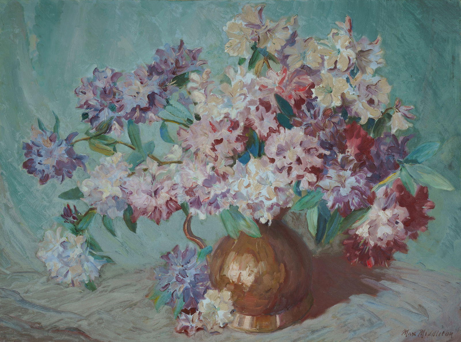 MIDDLETON Max (1922-2013), 'Rhododendrons', Oil on Canvas, 90.5x121cm: MIDDLETON, Max (1922-2013) 'Rhododendrons' Signed lower right; artist label verso. Oil on Canvas 90.5x121cm