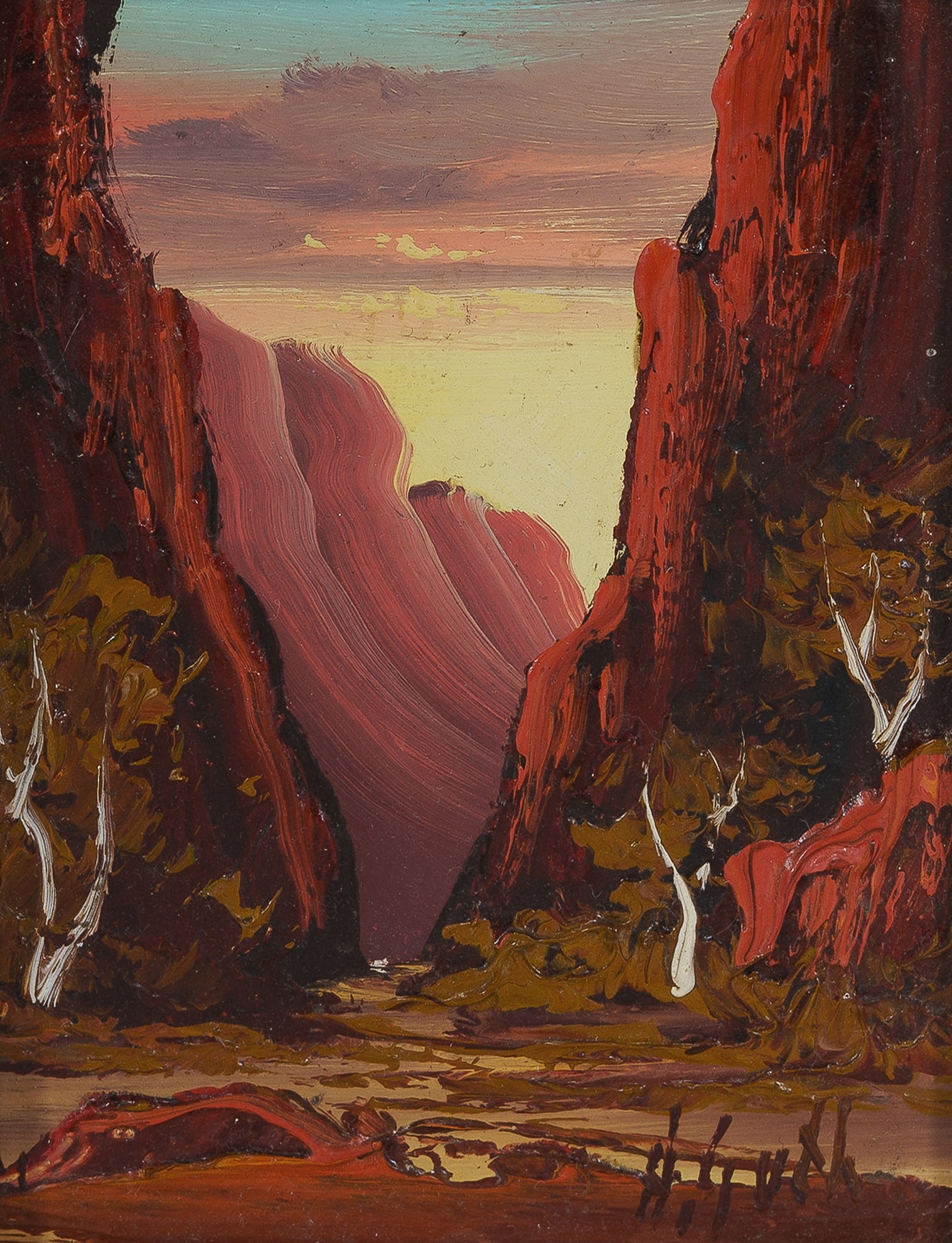 GUTH Henk Gerrit (1921- 2003), Serpentine Gorge, NT., Oil on Board, 10.5x8cm: GUTH, Henk Gerrit (1921- 2003) Serpentine Gorge, NT. Signed lower right. Oil on Board 10.5x8cm