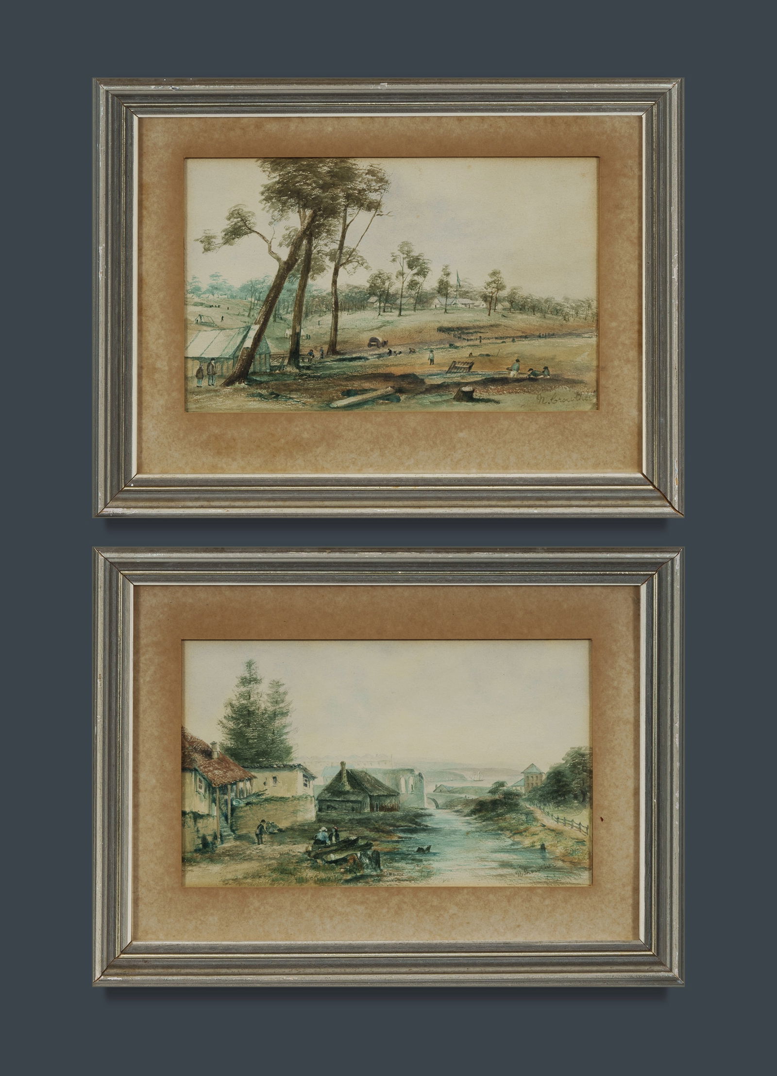 Australian Colonial School Signed N. Crowther (2), The Old Tank Stream, Sydney (after an engraving: Australian Colonial School, Signed N. Crowther (2) The Old Tank Stream, Sydney (after an engraving by John Skinner Prout / T. Heawood), and Miners Camp (possibly the Gold Rush). Both signed lower righ