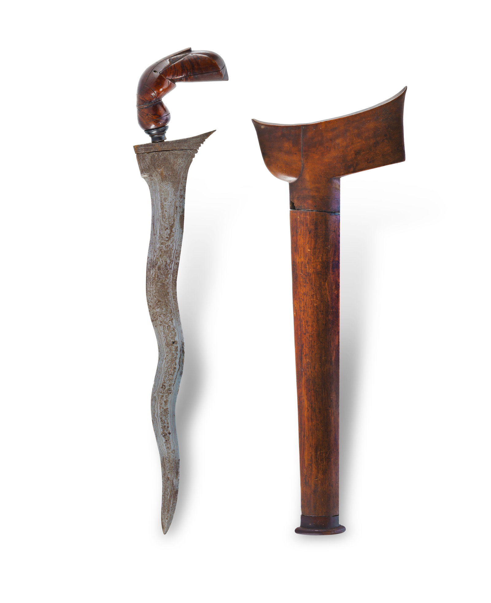 Malay/Indonesian Keris: Malay/Indonesian Keris Pamor blade with 5 luk; wooden Pangulu hilt. (L43cm) PROVENANCE: From the collection of the late Warren Mallard