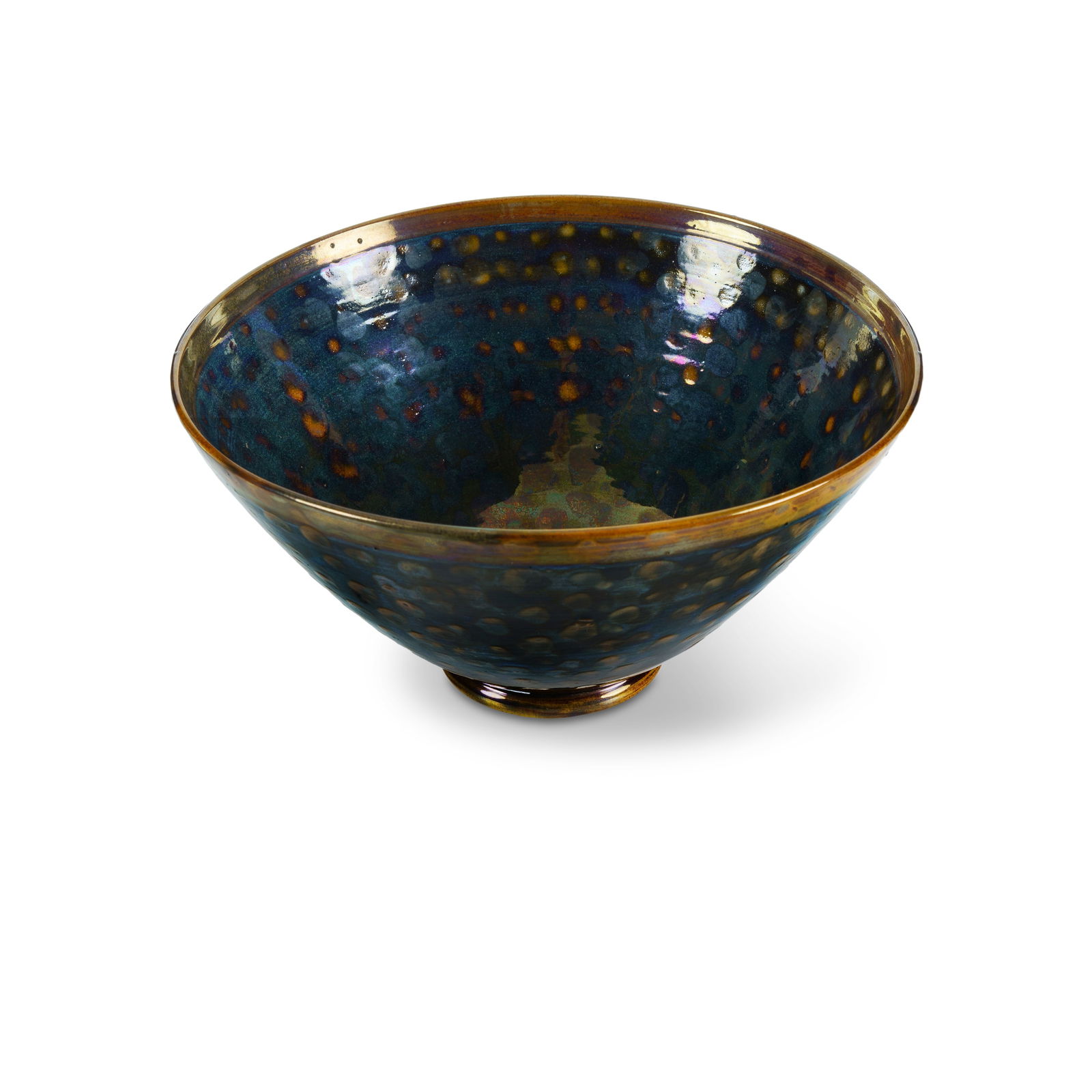 CONNERY, Robert (Bob) Large Stoneware Bowl: CONNERY, Robert (Bob) Large Stoneware Bowl Leopard spot lustre glaze, incised plant form to well, cobalt and ochre glazed exterior. Painted monogram and seals to base for Stokers Siding Pottery. (Dia.