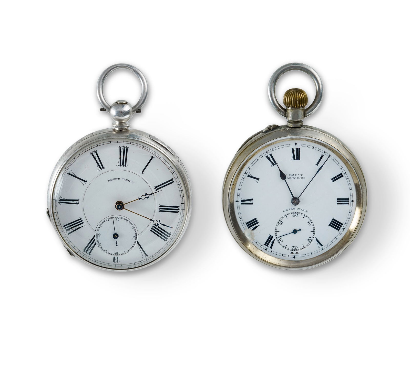 Baume Longines Pocket Watch: Baume Longines Pocket Watch Nickel cased stem wind open face watch, chip repair at VIII, running. Also, a silver cased Maret Geneve key wind pocket watch, cylinder escapement with good enamel dial. Ha