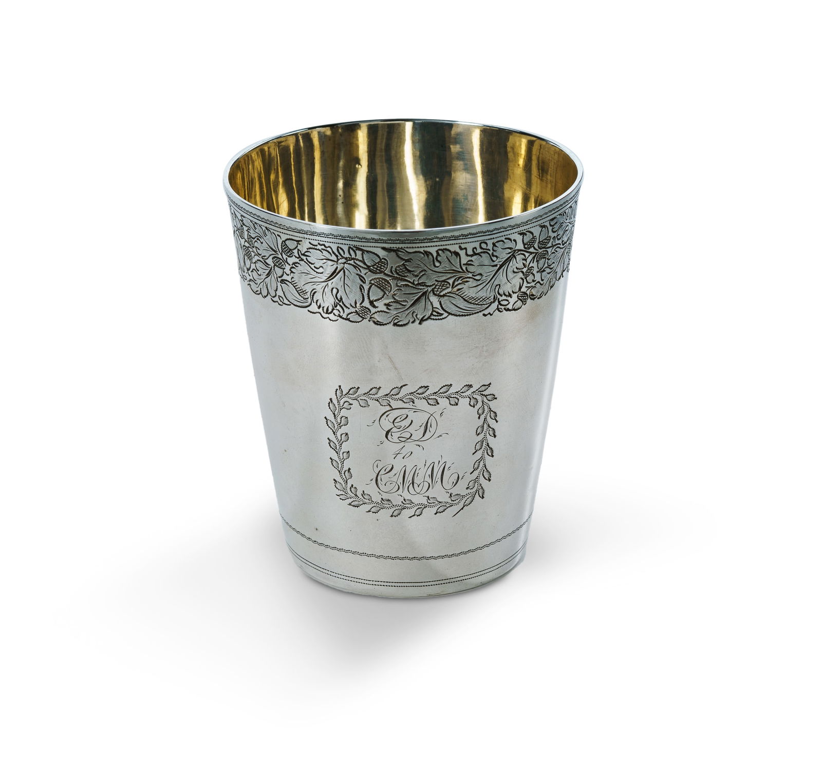 Geo III Sterling Silver Beaker: Geo III Sterling Silver Beaker HM London 1805, maker Thomas Johnson. Engraved leaf & acorn rim & monogrammed cartouche 'ED to CMM' (H9cm Dia.7.5cm W116g)