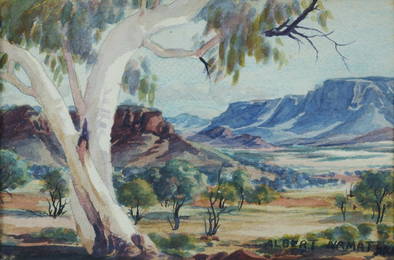 NAMATJIRA Albert (1902-1959), Central Australian Landscape with Ghost Gum, W/Clr, 16.5x25cm
