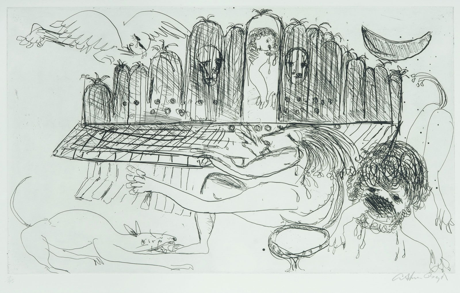 BOYD Arthur Merric Bloomfield (1920-1999), Untitled (Man Playing the Organ), 1994., Etching 7/75, 30: BOYD, Arthur Merric Bloomfield (1920-1999) Untitled (Man Playing the Organ), 1994. Etching 7/75 30x50cm (plate) PROVENANCE: Collection Rev. Dr Arthur Bridge AM OAM.