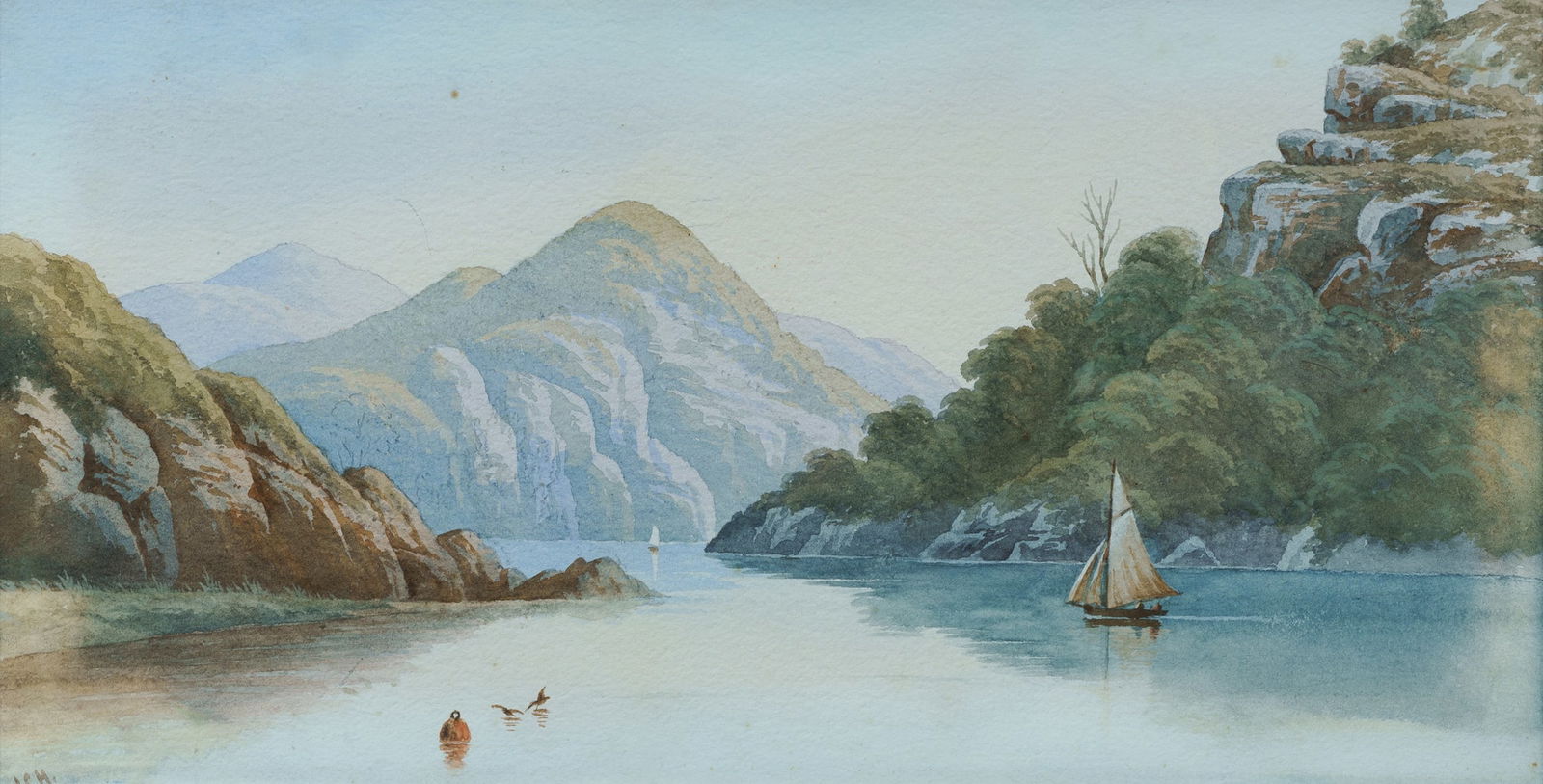 HOYTE John Barr Clarke (1835-1913), 'On the Hawkesbury River', W/Clr, 20x39cm: HOYTE, John Barr Clarke (1835-1913) 'On the Hawkesbury River' Initialled lower left; old label affixed verso. W/Clr 20x39cm PROVENANCE: Collection Mr H & Mrs P Wallace, Sydney.