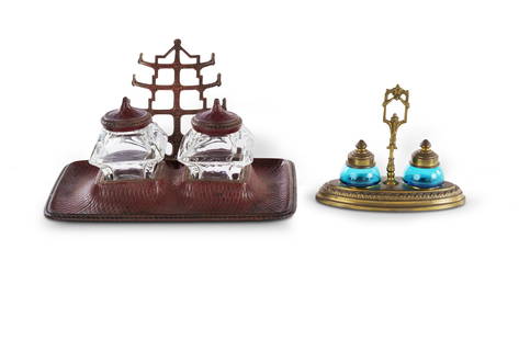 Two Various 19th C Inkwell Sets: Two Various 19th C Inkwell Sets One cast brass with faux tooled leather finish (L22cm), the other with pressed brass stand, and 2 blue glass inkwells (L13.5cm) PROVENANCE: Collection Mr H & Mrs P Wall
